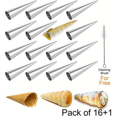 Tube à Pâtisserie Conique en Acier Inoxydable pour Cornets à la Crème, Outil de Rouleau à Pain, Moule pour Peau Croustillante de Glace 16 Large Pointed Tubes + 1 Cleaning Brush