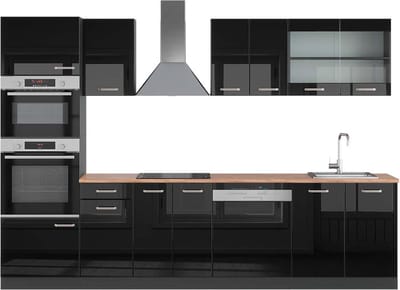 Vicco R-Line Complete keukeneenheid – 300 cm met hoge kast, WB Eik Hoogglans zwart/antraciet