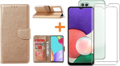 Hoesje Geschikt Voor Samsung Galaxy A22 5G hoesje bookcase Goud Met screenprotector / 2X tempered glass