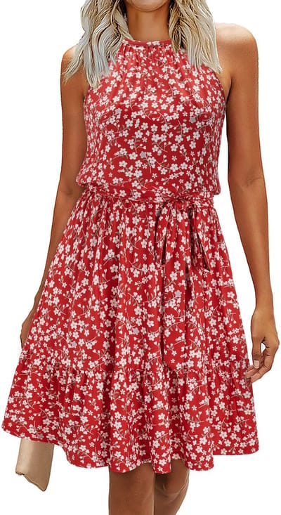 zomerjurk met spaghettibandjes voor dames, verkrijgbaar in bloemenprint of effen kleur, mouwloos met V-hals, ideaal voor vakantie en feestjes