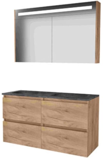 Basic-Line Premium 46 Badkamermeubelset - 120 x 46 cm - Greeploos - 4 Lades - Hardstenen Wastafel - Zonder Kraangat - Spiegelkast met LED Verlichting - Whisky Oak