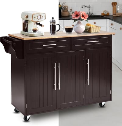 Keukeneiland - Verplaatsbaar - Keukenkast - Dressoir - Organizer - Kasten - Houten Werkblad - Lade - Bruin