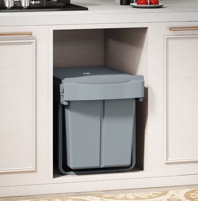 MEUNIQ inbouwprullenbak 2 x 20 L uitschuifbare afvalscheidingsprullenbak met uitneembare binnenemmers en deksel voor keuken, kast of werkruimte, grijs