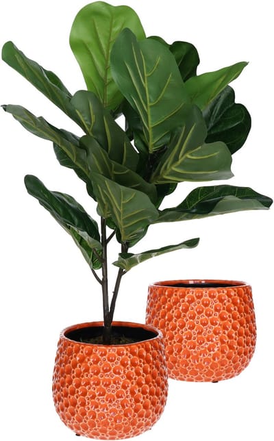 Mega Collections Plantenpot/bloempot Pebblo - 2x - keramiek/geglazuurd - oranje - druppels - D21 x H17 cm