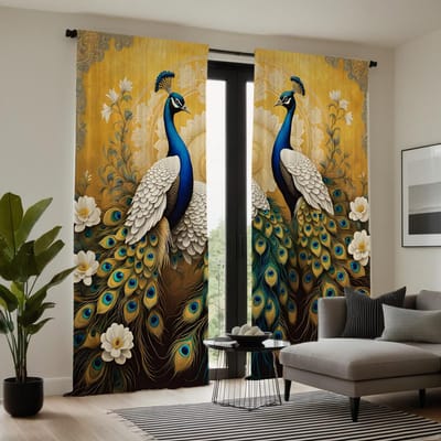 2 pièces de rideau décoratif riche vert forêt HD fleur de paon blanc style de décoration intérieure W52H63inchW132H160cm brown