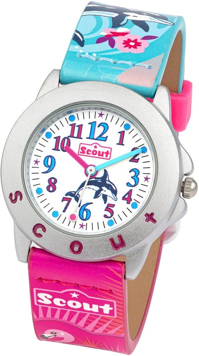 Scout Kinderuhr analog aus der Serie "Star Kids" mit türkis pinkem Kunstlederband, Wal + Flamingo Motiv und Quarzwerk