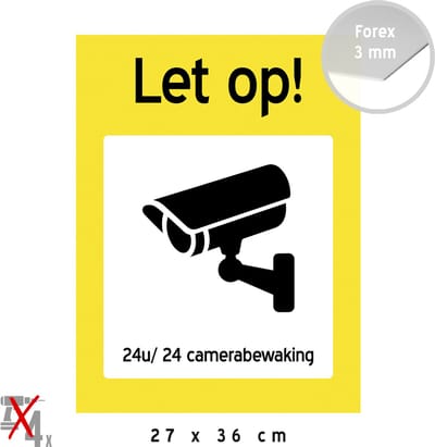 Pictogram/ bord | "Let op! 24u/ 24 camerabewaking" | 27 x 36 cm | CCTV | Bewaking | Toezicht | Videobewaking | Camera | Geel | U wordt gefilmd | Kunststof | 1 stuk