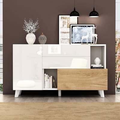 DESMIU Dressoir - Hoogglans Wit En Licht Eiken - Scandinavisch Minimalistisch Design Voor Woonkamer En Eetkamer - Spaanplaat - 130x40x70 Cm