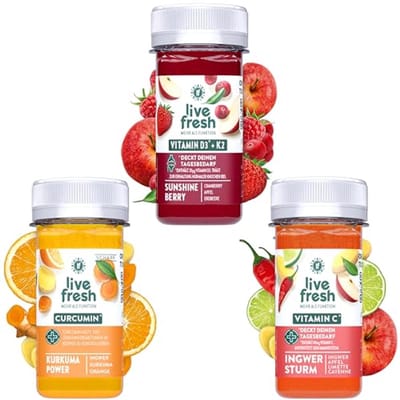 LiveFresh 4 weken immuun shotkuur met vitamine D3 K2, C & curcumine – gemaakt van gember, kurkuma & bessen – 96x60ml – 3 shots per dag