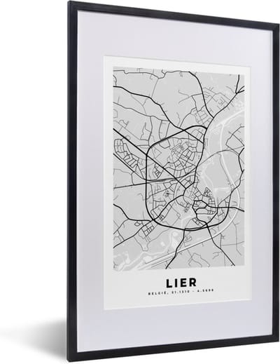 Fotolijst incl. Poster Zwart Wit- Stadskaart – Plattegrond – België – Zwart Wit – Lier – Kaart - 40x60 cm - Posterlijst