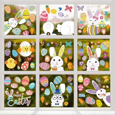 Pack van 130 Pasen Decoraties – Zelfklevend, 9 Vellen met Konijnen, Haan, Vlinder, Wortel, Bloem, Paasei, Glazen Stickers
