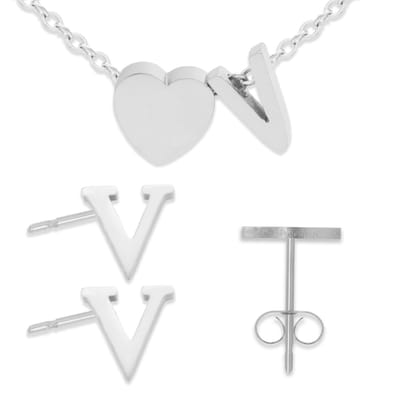 Initiaal Armband & Oorbellen set met Letter V Zilverkleurig - Stainless Steel - Met letter & Hartje! - 2x Sieraden Cadeau - Pax Amare