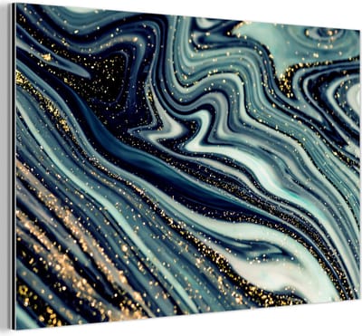 Wanddecoratie Metaal - Aluminium Schilderij Industrieel - Marmer - Goud - Blauw - Glitter - Marmerlook - Abstract - 30x20 cm - Dibond - Foto op aluminium - Industriële muurdecoratie - Voor de woonkamer/slaapkamer