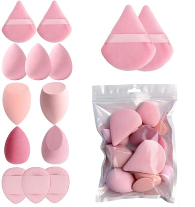 Dailygoods - 14 stuks make-upsponsset, make-up-ei & beautyspons voor vloeistof, foundation, crème en poeder, poederkwasten, cosmetica, make-upsponsset voor natuurlijke finish in roze