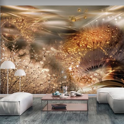 98cm X 70cm - Zelfklevend fotobehang -   Gouden wereld van Paardenbloemen , Premium Print , Goudlook
