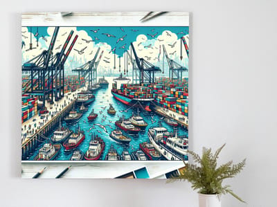Modern haven schilderij | Hedendaags maritiem meesterwerk: een moderne haven van kunst | Kunst - 80x80 centimeter op Dibond | Foto op Dibond