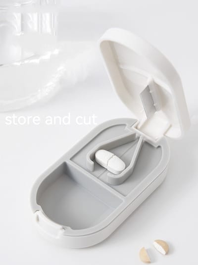 Pillensnijder, Tablettenverdeler, grote en kleine tabletten, tabletsplijter, pillenverdeler met tablet-opbergvak, pillen, vitaminetabletten, draagbare tas, pillenzerkleiner