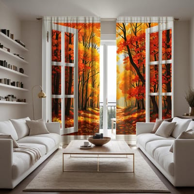 2 pièces de rideau décoratif HD pour fenêtre Feuille d'érable d'automne jaune attache rideau imprimé numériquement style décoration intérieure Décorer salon W52H63inchW132H160cm orange