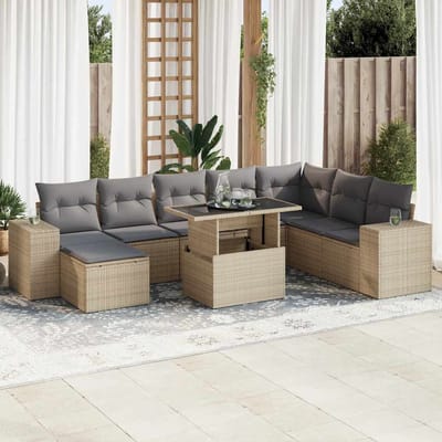 vidaXL 9-delige Loungeset met kussens poly rattan beige