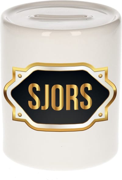 Spaarpot met voornaam Sjors - wit - met goud/zwart embleem - 8 x 9 cm - keramiek - met afsluitdop - cadeau verjaardag