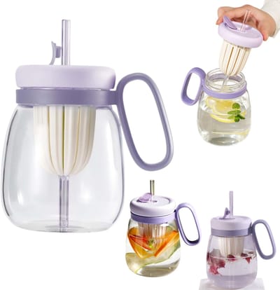 Glazen beker - Drinkbeker - Theekopje - Rietjesbeker - Drinkcontainer - Sapbeker - Lekvrije waterflessen - Met handvat - Grote ovale waterbeker - Inclusief thee infuser - Voor dranken, koffie, sap, vruchtenthee, warm water (850 ml - Paars)