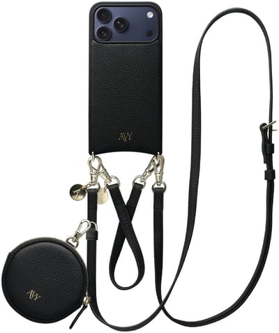 AVY Leren Hoesje geschikt voor Apple iPhone 17 Pro Max | Met Koord en Mini Telefoontasje | Compatibel met MagSafe | Leather Case met 30CM & 130CM Koord & Pouch | Leather Set | Zwart