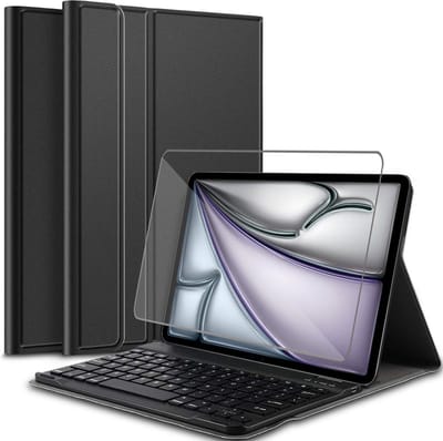 Hoes met toetsenbord geschikt voor iPad Air 11 inch 2024 - Screen Protector GlassGuard - Keyboard Book Case Cover Hoesje Zwart & Screenprotector