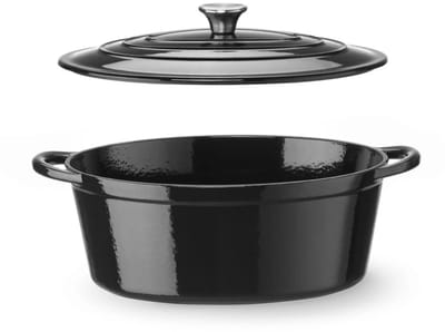 HENDI Braadpan van gietijzer met emaille - met druppeldeksel - 40,5x25,5x(h)13,4 cm - inhoud 6,88 liter - zwart - voor stoven, braden, oven en inductie