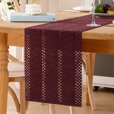 Tafelloper van katoen, linnen, macramé, boho, klein tafelkleed, rood, bordeaux, modern, wasbaar, Boheems, tafeldecoratie, bruiloft, landelijk, voor bruiloft, keuken, eetkamer, 30 x 240 cm