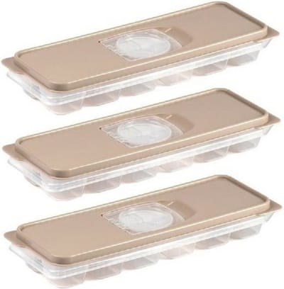 PlasticForte IJsblokjesvorm met deksel - 3x - 12 ijsklontjes - kunststof - beige - ijsblokjes maken