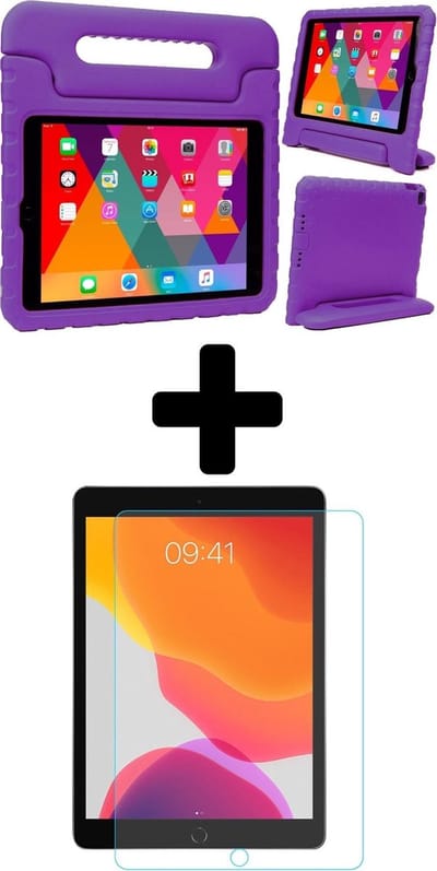 Hoesje - Geschikt voor Apple iPad 7 (2019) - 10.2 inch - 7e Generatie - Met Screenprotector - Kinderhoes - Shockproof Bumper - Kidsproof Case - Tablethoes - Kinder Hoes Cover - Paars