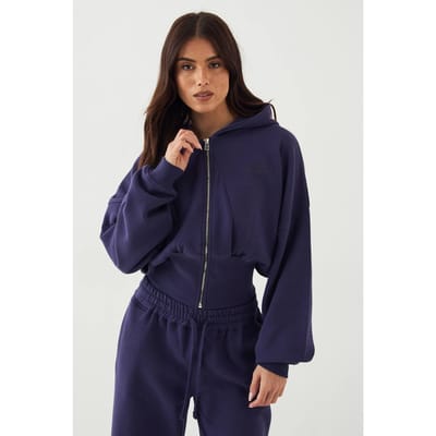 Dames DSGN Studio Sport Boxy Crop Hoodie met Ritsluiting en Samengetrokken Zoom | Blackberry | Maat: XL