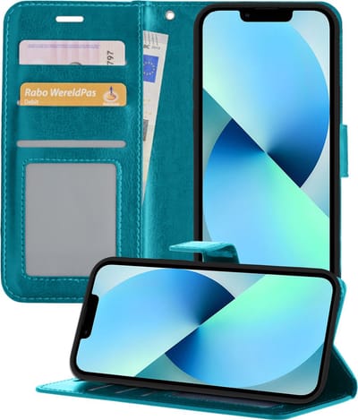Hoesje - Geschikt voor Apple iPhone 14 - Luxe Bookcase - Walletcase Hoes - Portemonnee - Cover - Telefoonhoes - Turquoise