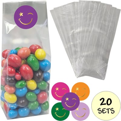 20x Uitdeelzakjes Met Sluitstickers - 20 Stickers & 20 Zakjes - Blokbodemzakjes - Cellofaanzakjes - Traktatie Blokbodem Zakjes - 80 x 50 x 250mm - 20 Sets - Emoji Ster
