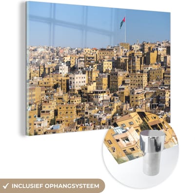 ® Glasschilderij 180x120 cm - Schilderij acrylglas - Uitzicht op de kalksteen huizen in Amman - Foto op glas - Muurdecoratie woonkamer - Wanddecoratie slaapkamer - Schilderijen