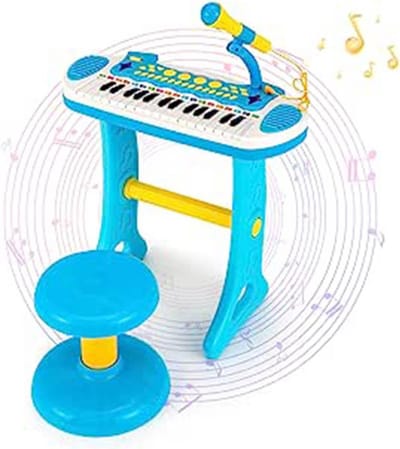 Kindertoetsenbord met 31 Toetsen en Kruk - Piano met Microfoon, Opnamefunctie en Lichtjes - Muziekinstrument voor Kinderen vanaf 3 Jaar