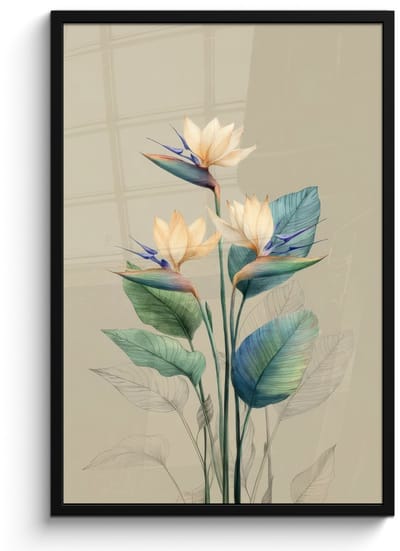 Poster in lijst - Fotolijst 60x90 cm - Posters - Paradijsvogelbloemen - Blauwgroene bladeren - Beige - Posterlijst zwart - Decoratie - Wanddecoratie woonkamer - Muurdecoratie slaapkamer