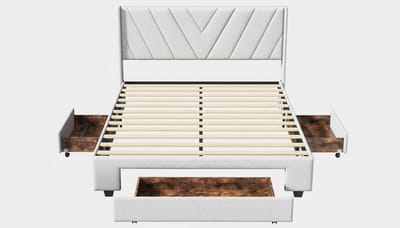 Bedframe 140x200 cm – Casa Velluto Nordic Haven Tweepersoonsbed met Opberglades, MDF-Lattenbodem en Gestoffeerd Linnen Hoofdbord – Modern Scandinavisch Design – Beige