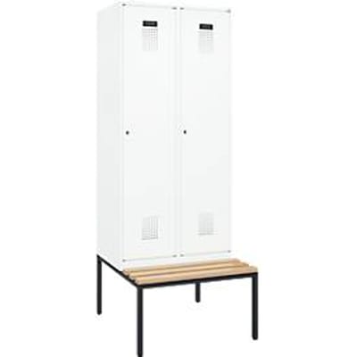C+P Evolo Plus garderobekast, 2 vakken, 400 mm vakbreedte, met bank eronder, B 800 x D 815 x H 2120 mm, cilinder, verkeerswit/verkeerswit