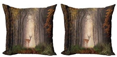ABAKUHAUS Dierenwereld Kussenhoes 2-pack – Hert Mystieke Bos – 40x40 cm – Herfstbruin – Groen