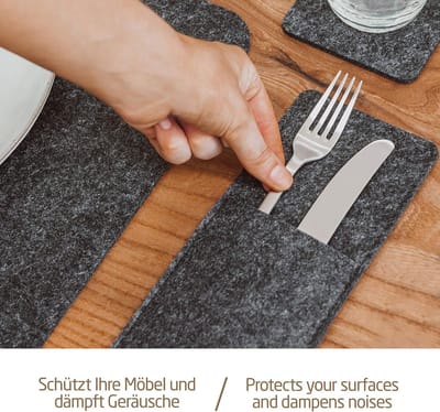 Candala - tafelset van vilt - set van 18 tafelonderzetters - afwasbaar vilt tafelset - 6 placemats, glazen onderzetters, bestekzakjes | beige | hoekige vilt onderzetters - plaatsmats