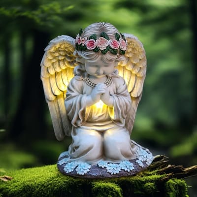 Dailygoods - Solar Engel Tuinstandbeelden Jongen, Engel voor Graf Weerbestendig Biddende Engel met LED Lichten Solar Graflichten voor Buiten Weerbestendig Grafdecoratie Engel Sculptuur Decoratie Grasveld