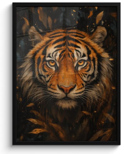 Poster in lijst - Fotolijst 50x70 cm - Posters - Bladeren - Tijger - Oranje - Posterlijst zwart - Decoratie - Wanddecoratie woonkamer - Muurdecoratie slaapkamer