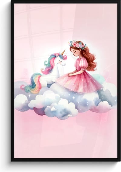 Poster in lijst - Fotolijst 80x120 cm - Posters - Eenhoorn - Prinses - Unicorn - Roze - Wolken - Posterlijst zwart - Kamer decoratie - Wanddecoratie kinderkamer - Muurdecoratie babykamer