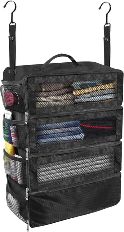 Hangende kledingorganizer met grote capaciteit – Opvouwbare, multifunctionele opbergtas voor kleding – Meerlaagse kledingkastorganizer – Geschikt voor zakenreizen en kamperen – Zwart