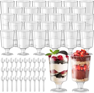 Plastic dessertglazen, 30 stuks, dessertbekers van plastic, met lepels, 120 ml, dessertkommen, ronde transparante plastic bekers, herbruikbare dessertglazen, desert-bekers voor bruiloften, feesten
