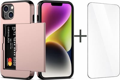YPCd Hardcase Pasjeshouder Hoesje – Geschikt voor Apple iPhone 15 – Shockproof Backcover met Verborgen Kaartvak - Inclusief Glazen Screenprotector – Roze
