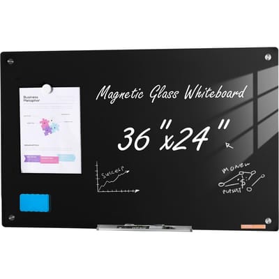 Magnetisch Glas Whiteboard, Dry Erase Board 36 x24 , Wandmontage Groot Wit Glasbord Randloos, met Markerhouder, een Wisser en 2 Markers, Zwart