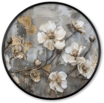 Poster in lijst Rond - Fotolijst 60x60 cm - Posters - Bloemen - Wit - Grijs - Goud - Luxe - Ronde posterlijst zwart - Decoratie - Wanddecoratie woonkamer - Muurdecoratie slaapkamer