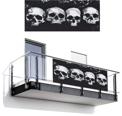 Balkonscherm 300x120 cm - Balkonposter Schedels - Zwart - Contrast - Balkon scherm decoratie - Balkonschermen - Balkondoek zonnescherm